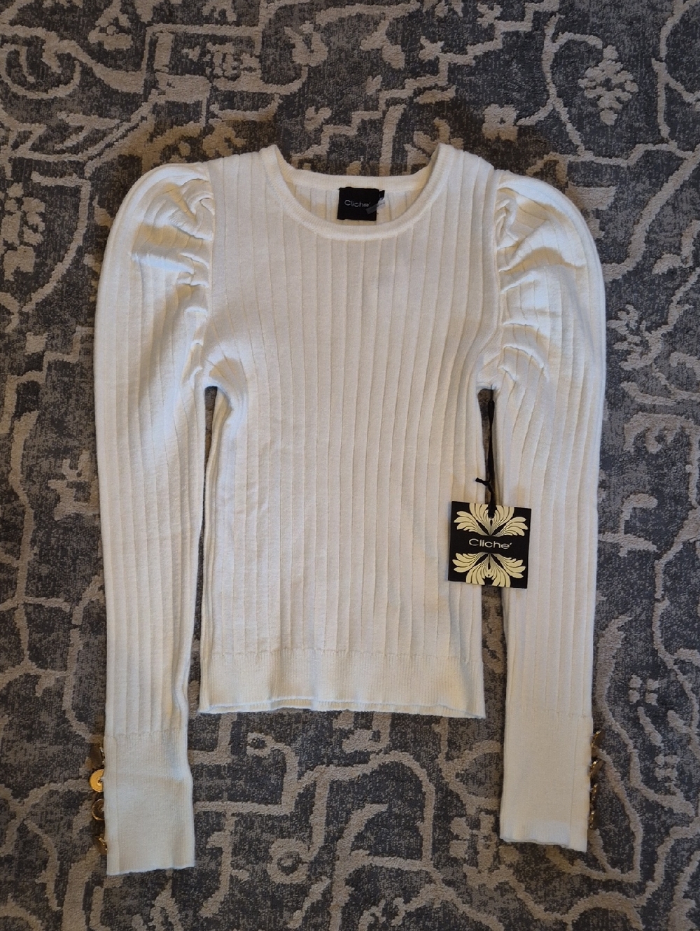 Cliché Women's Ivory Ribbed Puff-Sleeve Crew Sweater Size Small‎